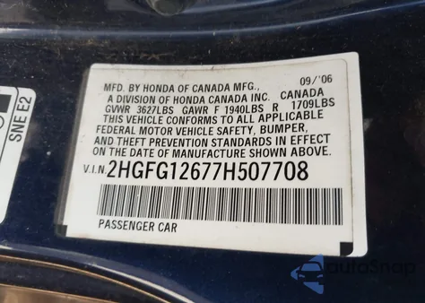 2007 Honda Civic Lx from USA, damaged, VIN 2HGFG12677H507708
